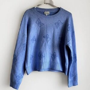 Major Label Group Women's Large Sweater‎ Blue Butterfly Cropped Long Sleeve